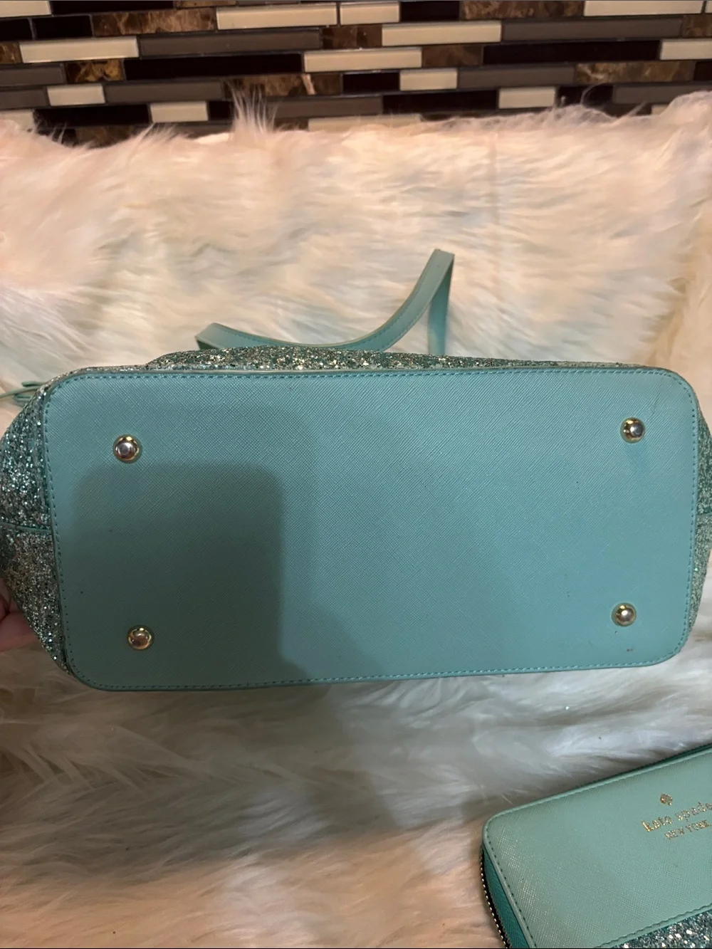 kate spade mint green tote with glitter trim and matching wallet